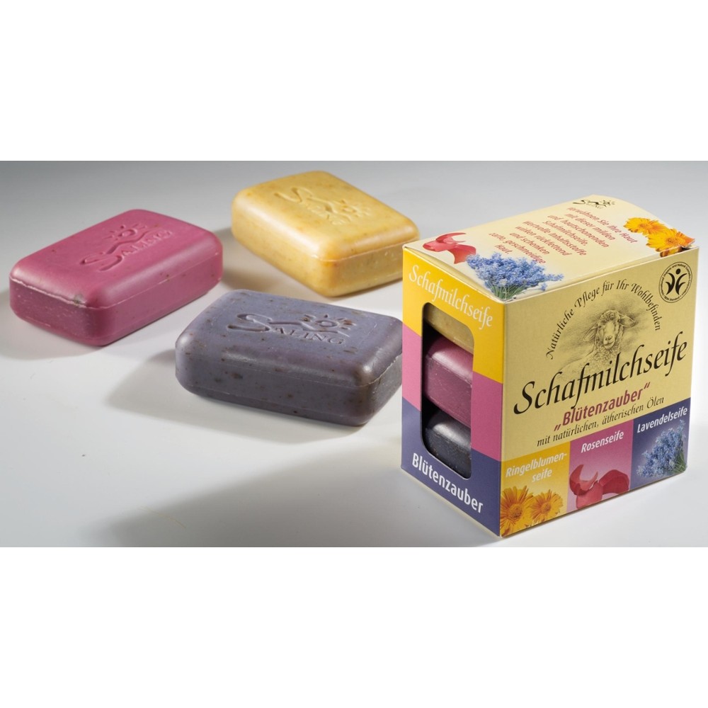 Geschenkverpackung 3er Set Schafmilchseife "Blütenzauber" // Saling