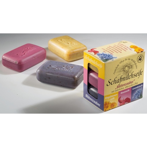 Geschenkverpackung 3er Set Schafmilchseife "Blütenzauber" // Saling
